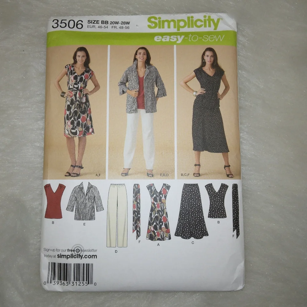 SIMPLICITY 3506 sz 20W-28W Easy to sew Dress Skirt top Pants Sash